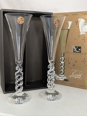 Cristal D'Arques Year 2000 Champagne Flutes Pair With Original Box